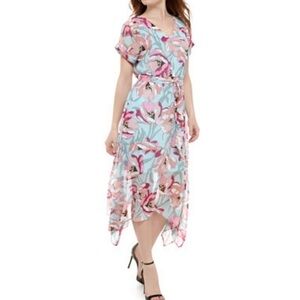 Luxology Pink & Blue Floral V-Neck Shark Bite Maxi Dress Lined Sz XL Party